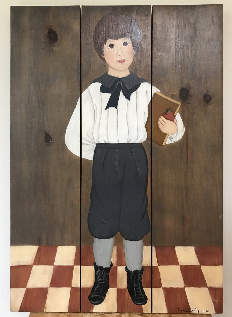 Vtg 1990 Cottage Core Tole Americana Janie Bontley Boy Wooden Painting Art 31"